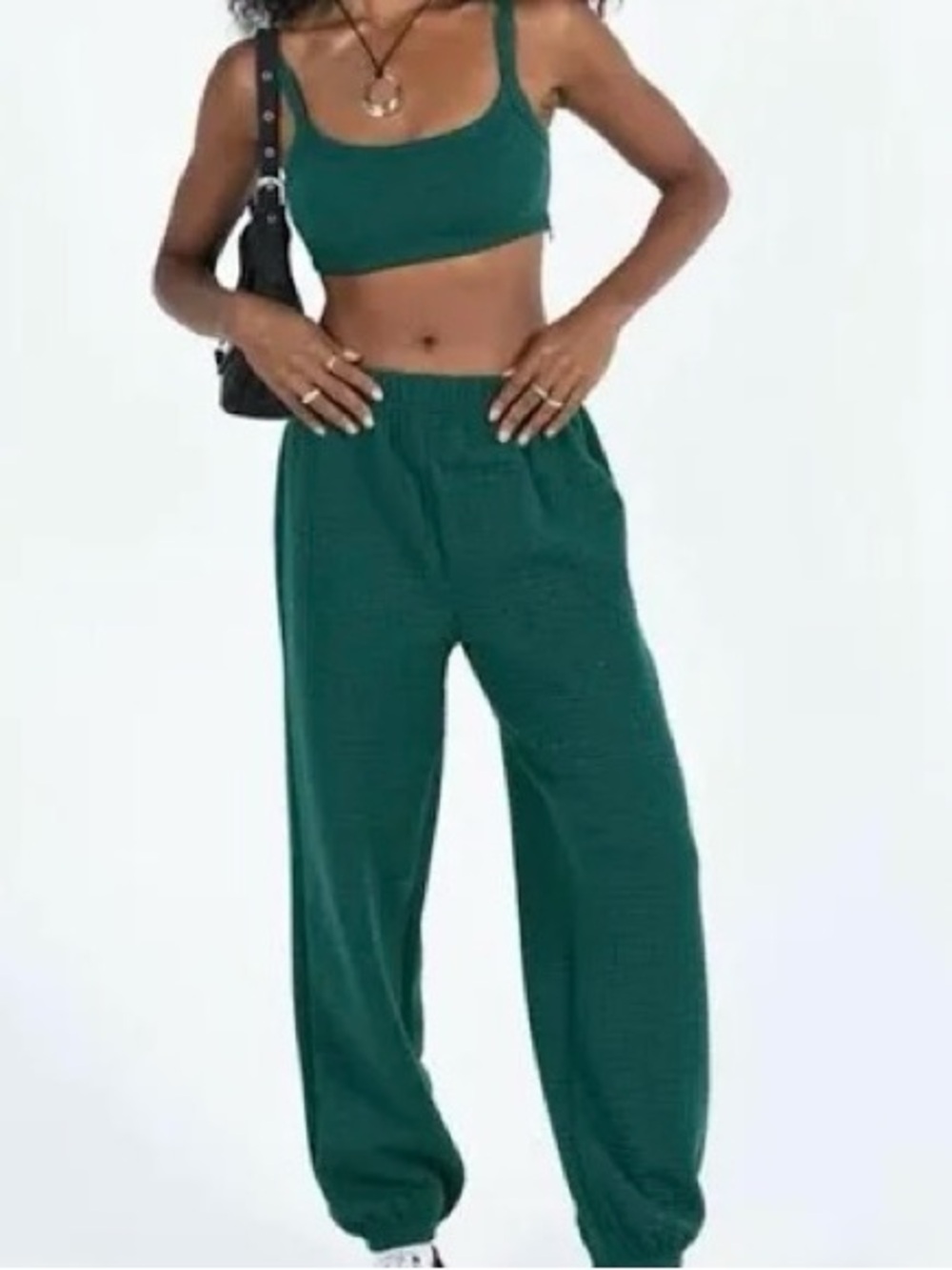 Women's Dark Green Knit Lounge Pants and Sports Bra Set